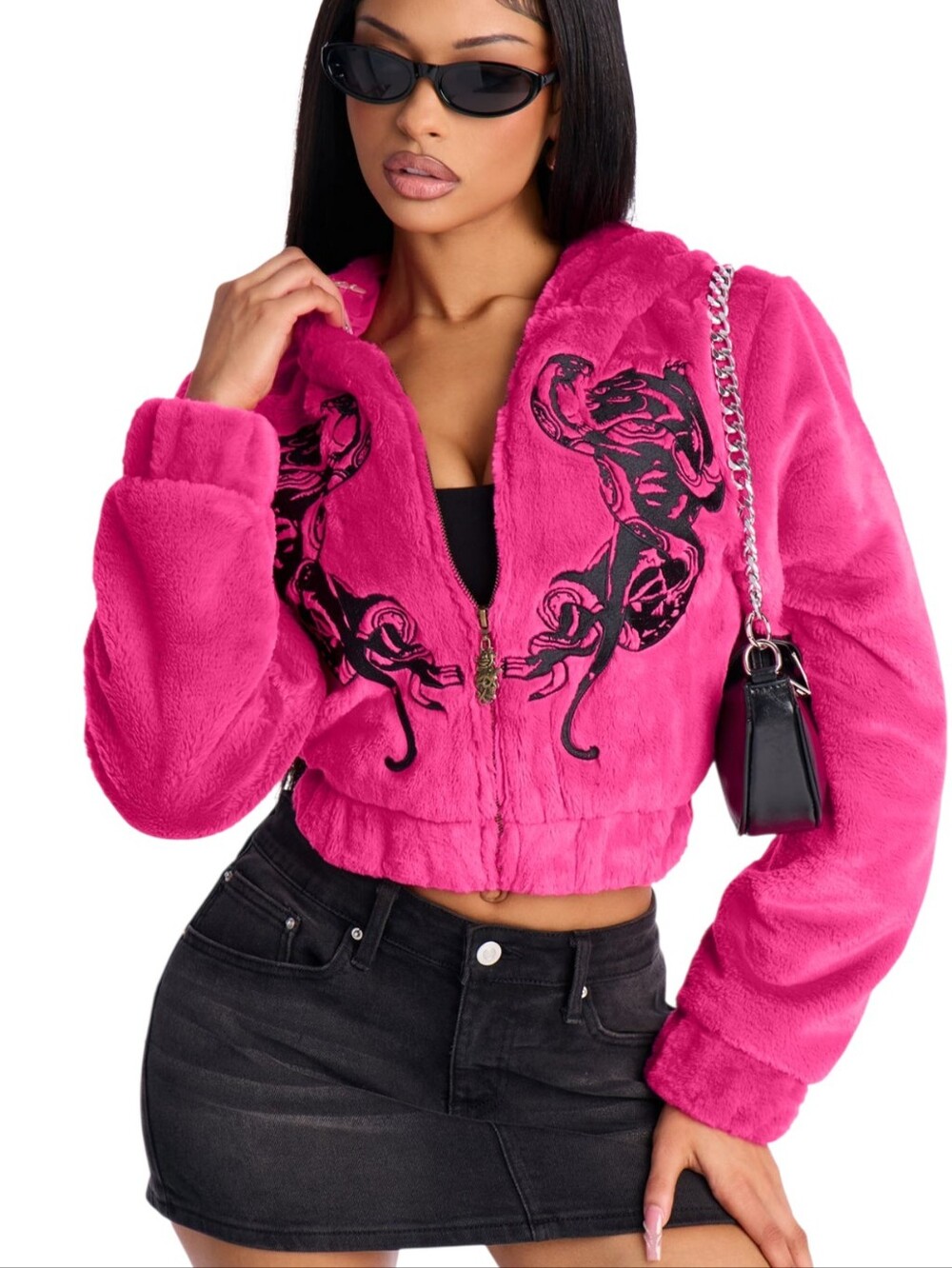 ED HARDY Hot Pink Faux Fur Cropped Hoodie Jacket Y2K Glam Streetwear Women's 1X